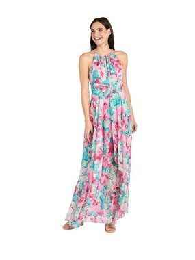 R&M Richard’s Floral Halter Maxi Dress in Pink & Aqua nwt